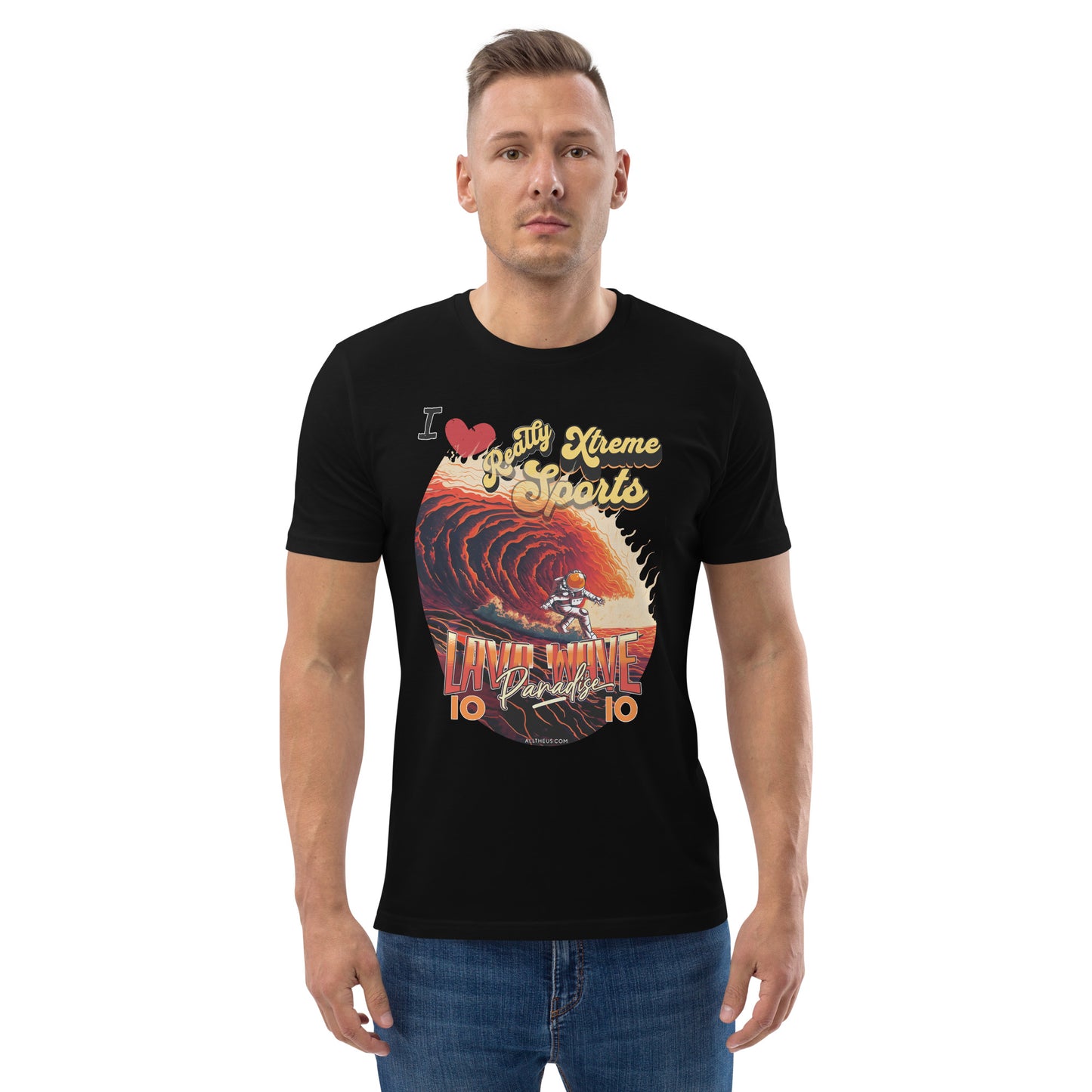 Unisex organic cotton tshirt - I Love Extreme Sport, Lava Surfing on Io.