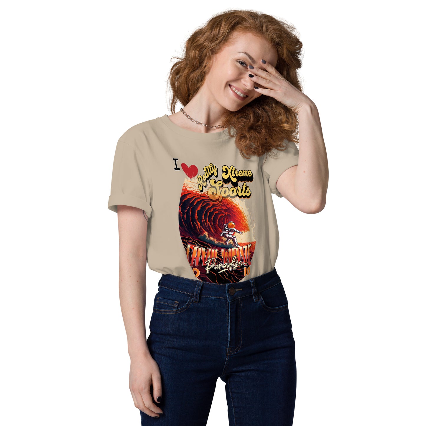 Unisex organic cotton tshirt - I Love Extreme Sport, Lava Surfing on Io.