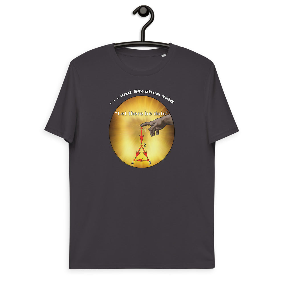 Unisex organic cotton t-shirt - Stephen Wolfram's GUT says "Let there be dots"