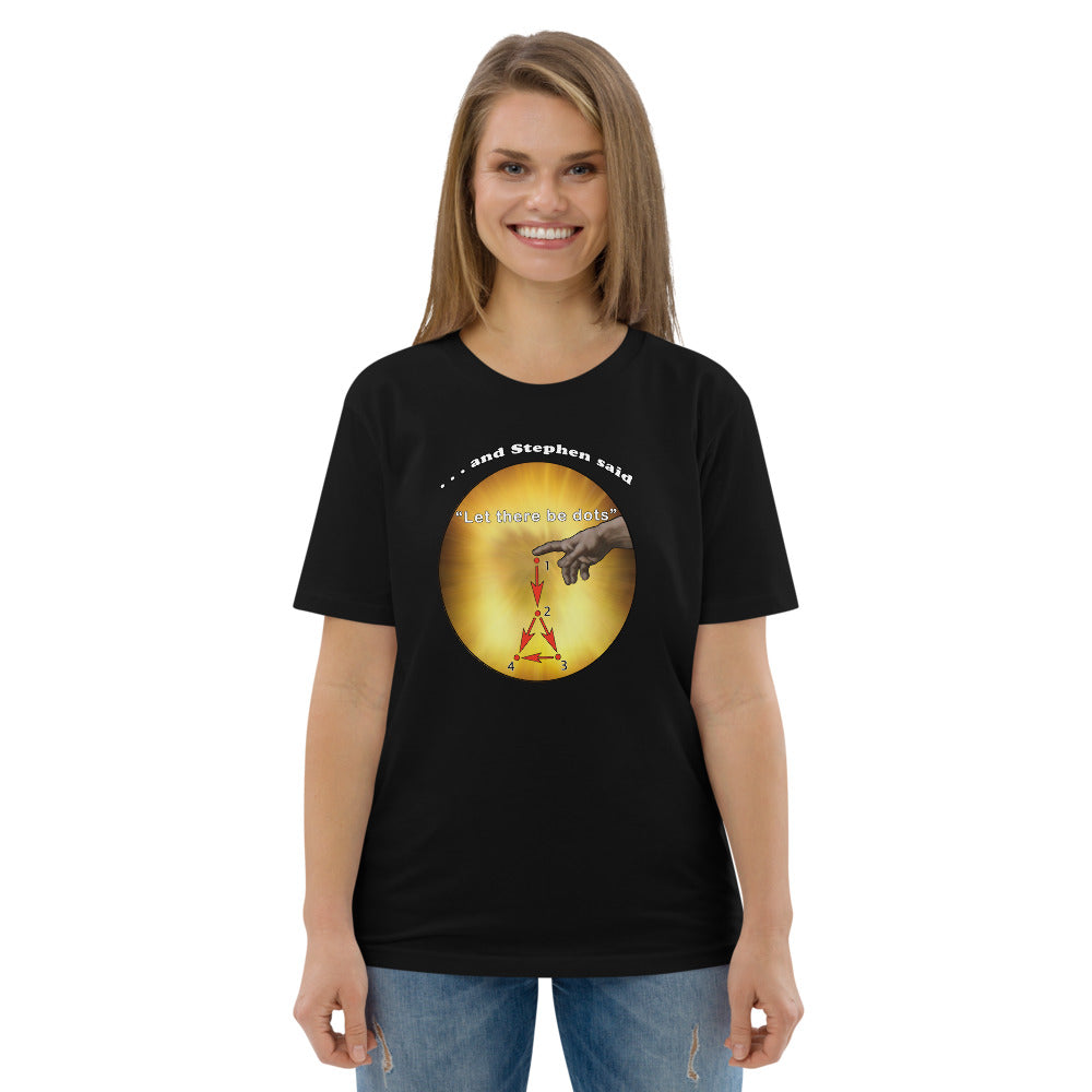 Unisex organic cotton t-shirt - Stephen Wolfram's GUT says "Let there be dots"