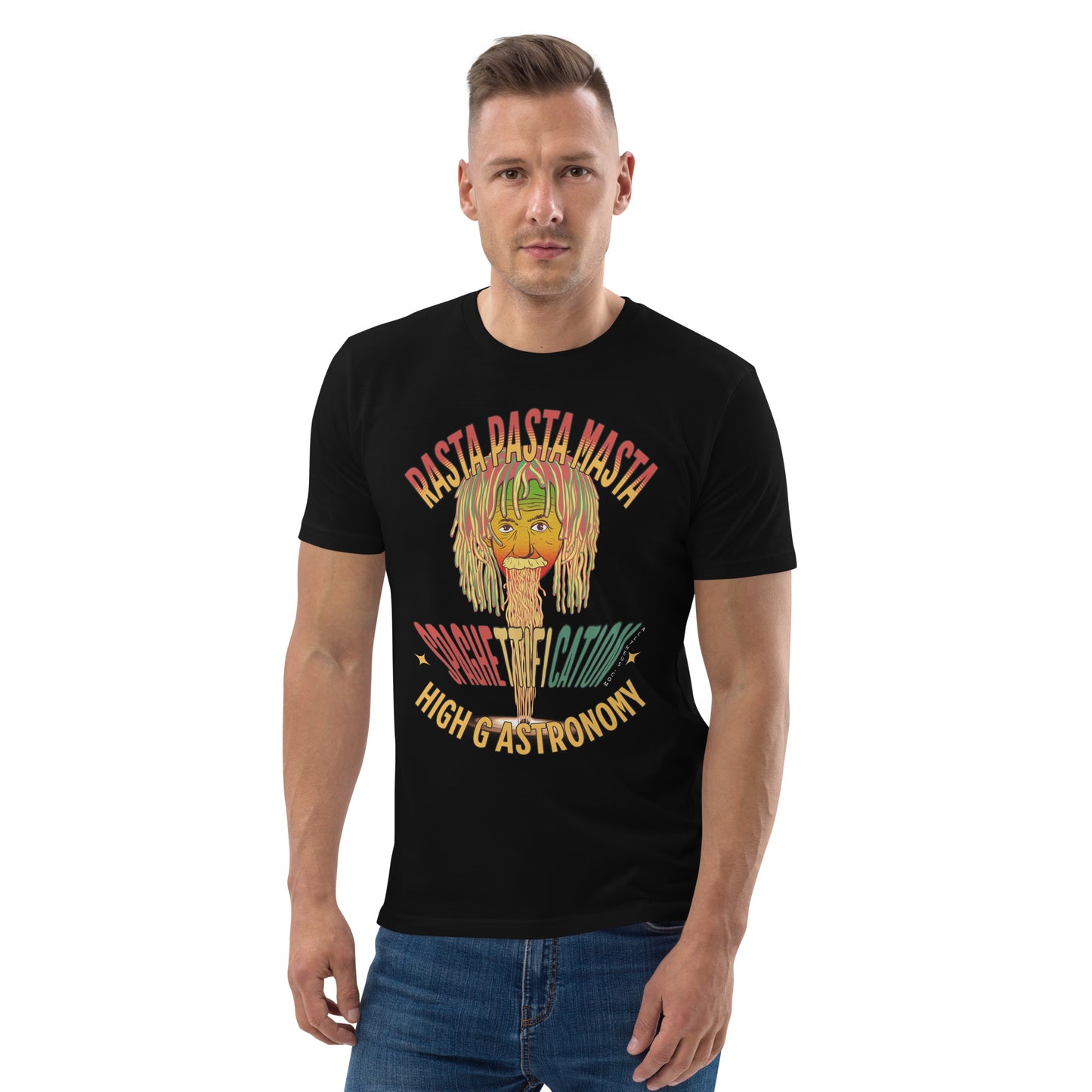 Unisex organic cotton t-shirt - Pastafarian Einstein Serves Up Hi G Astronomy