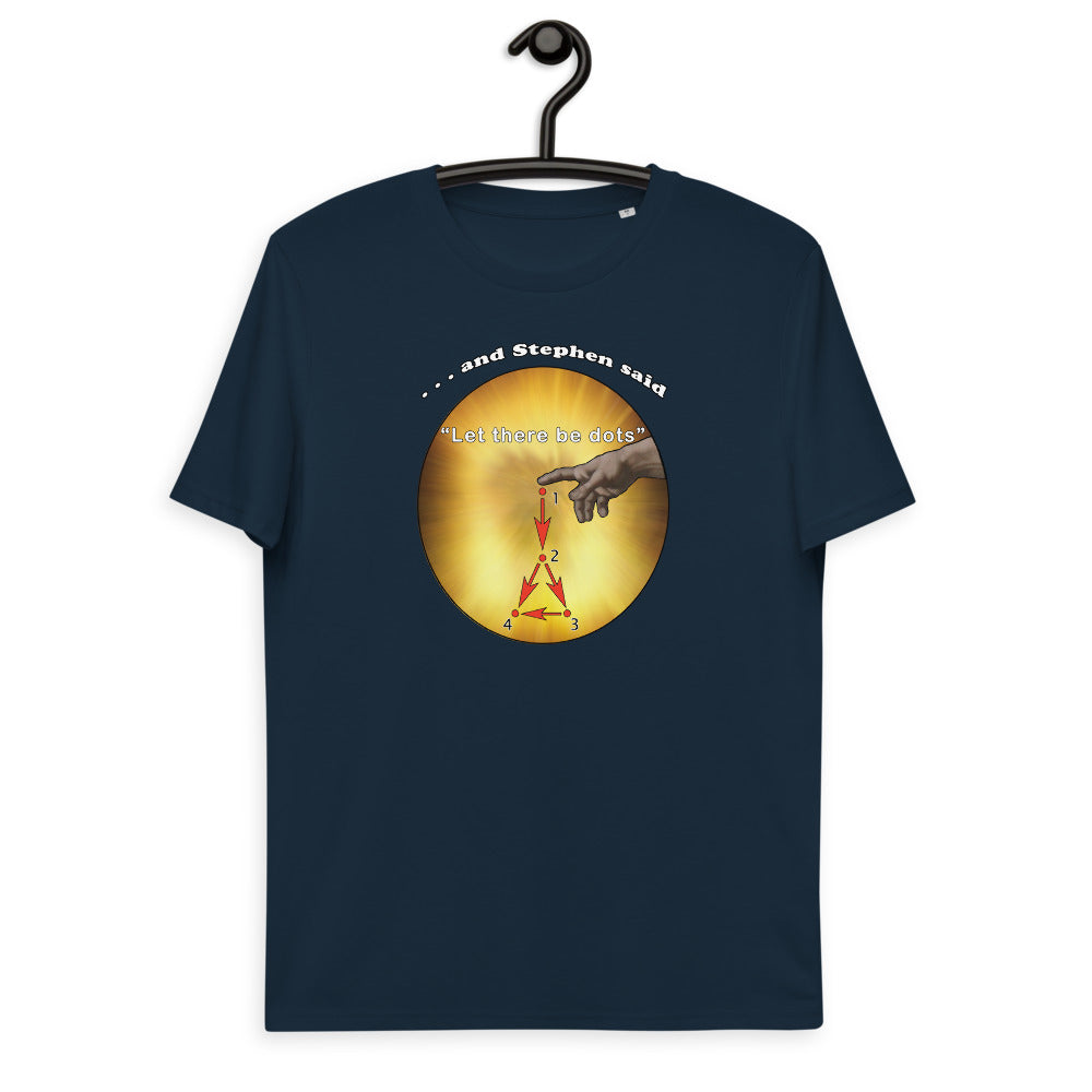 Unisex organic cotton t-shirt - Stephen Wolfram's GUT says "Let there be dots"