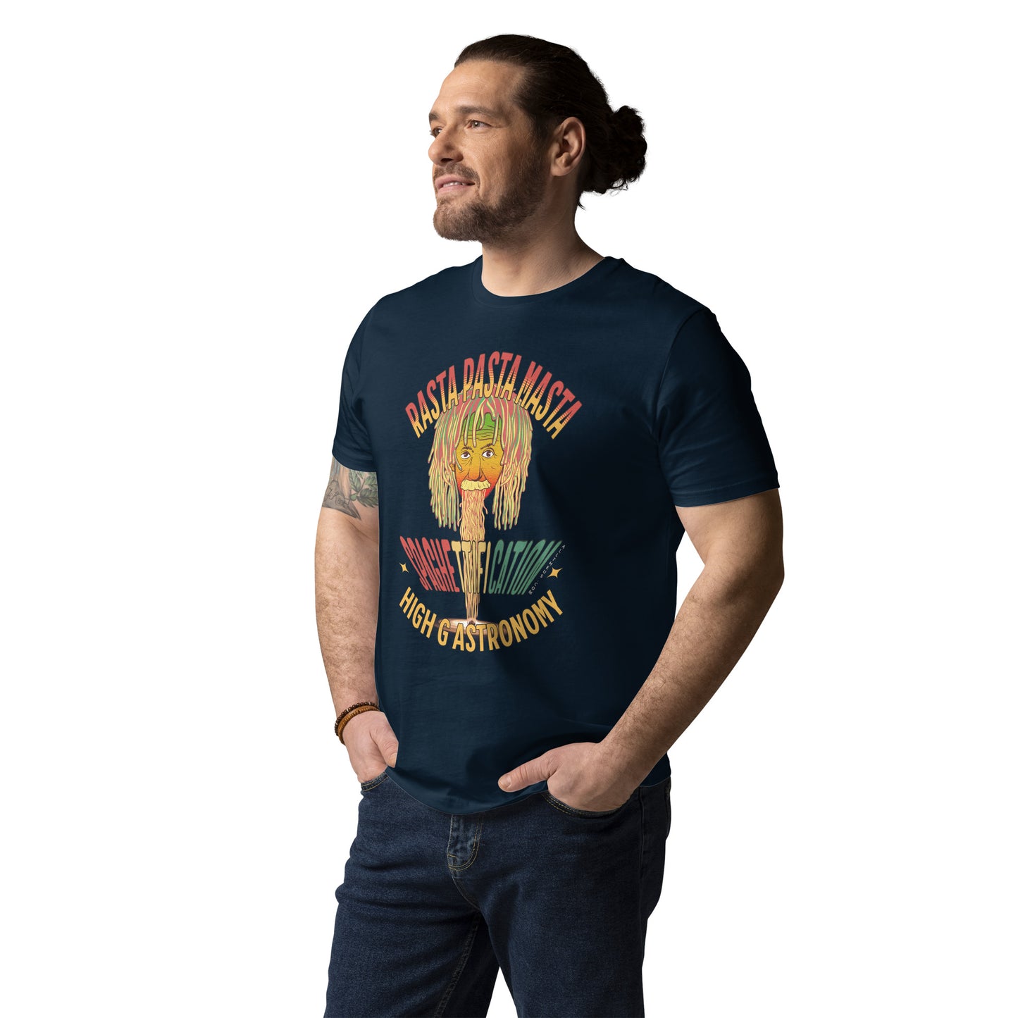 Unisex organic cotton t-shirt - Pastafarian Einstein Serves Up Hi G Astronomy