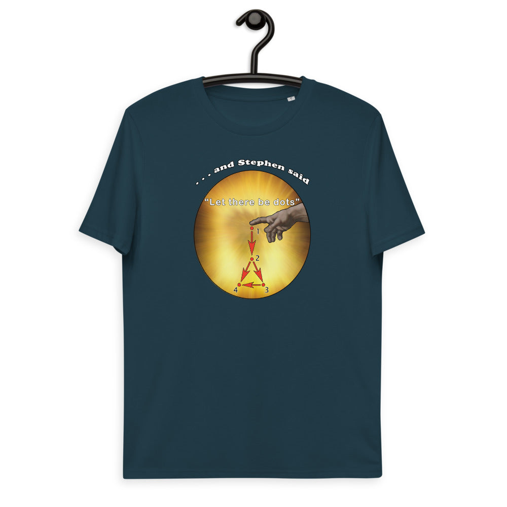 Unisex organic cotton t-shirt - Stephen Wolfram's GUT says "Let there be dots"