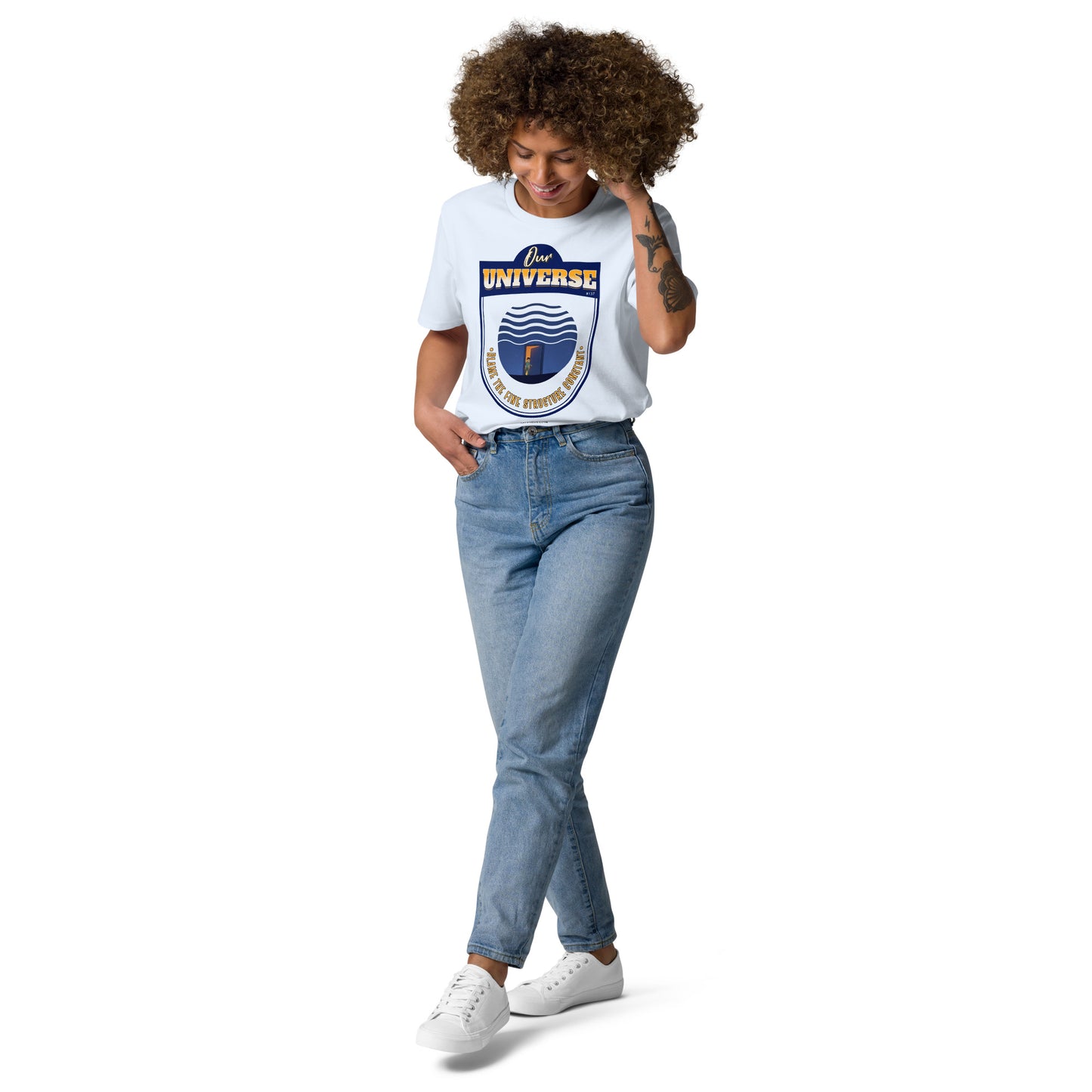 Unisex organic cotton t-shirt - Our Universe, Balanced On the Fine Structure Constant