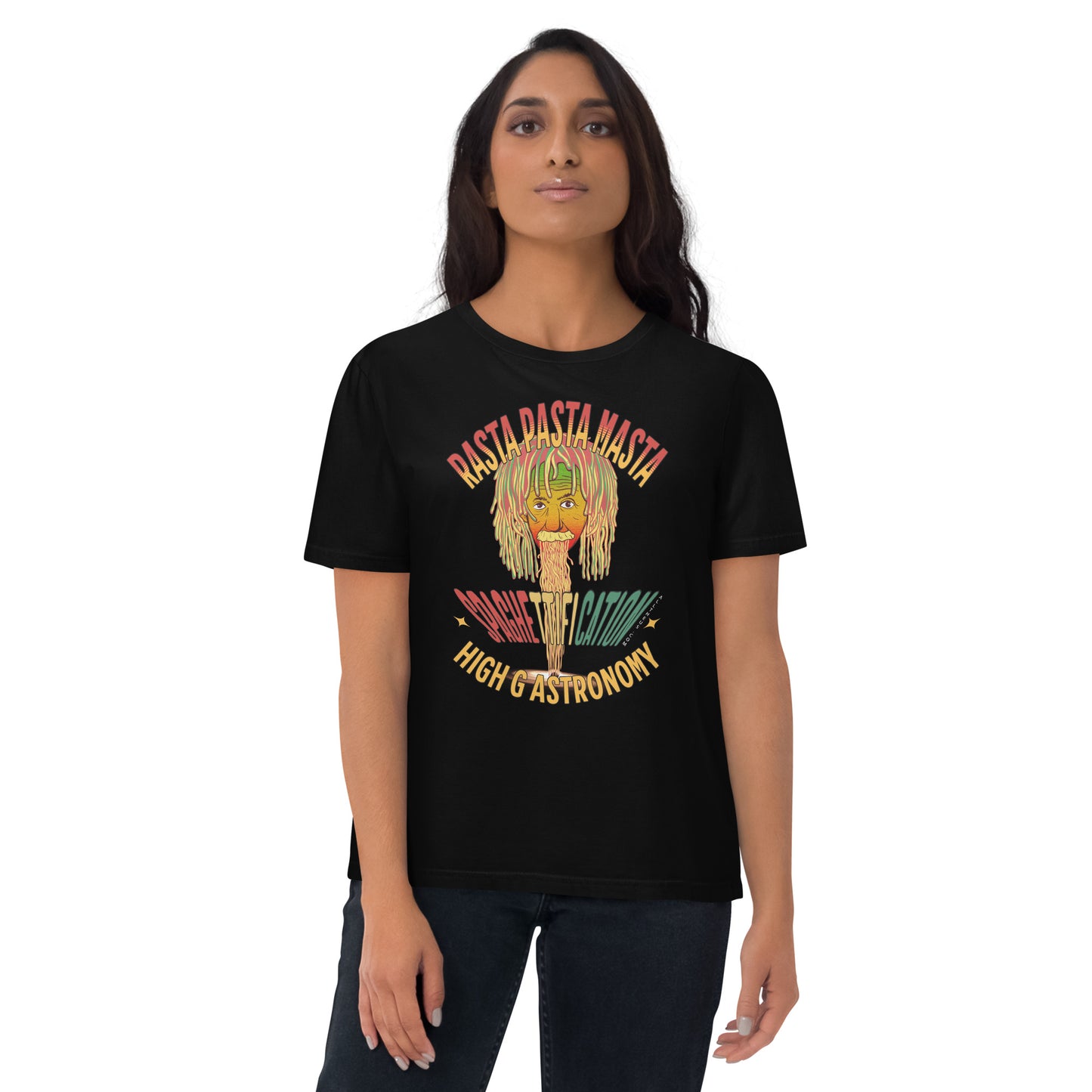 Unisex organic cotton t-shirt - Pastafarian Einstein Serves Up Hi G Astronomy