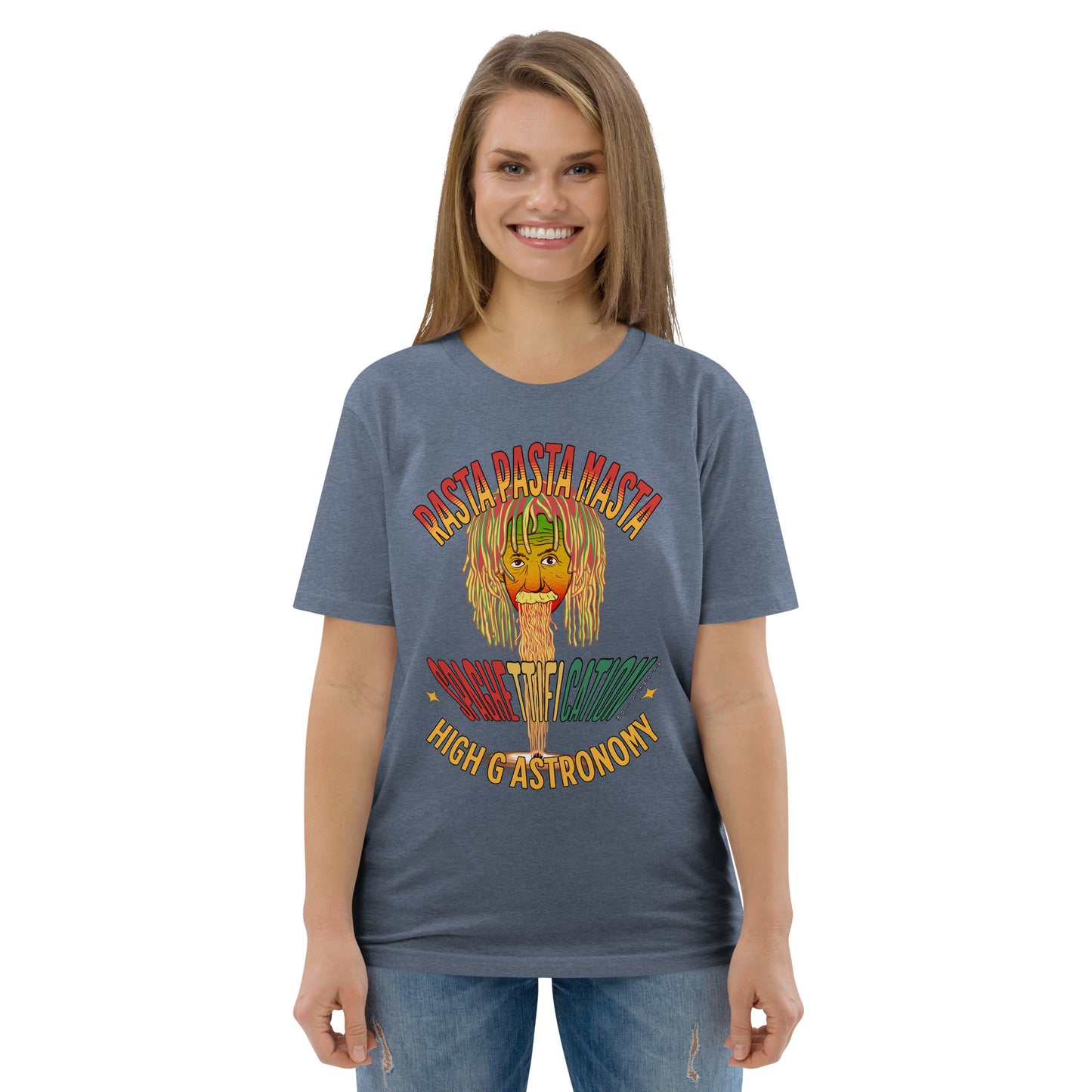 Unisex organic cotton t-shirt - Pastafarian Einstein Serves Up Hi G Astronomy