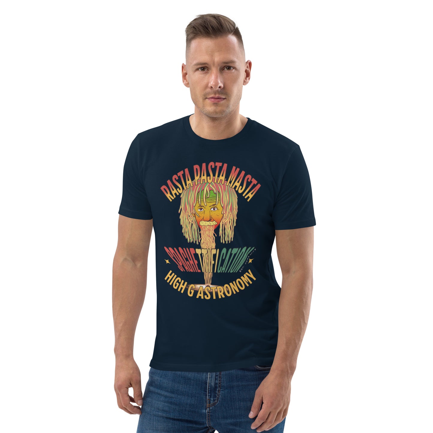 Unisex organic cotton t-shirt - Pastafarian Einstein Serves Up Hi G Astronomy