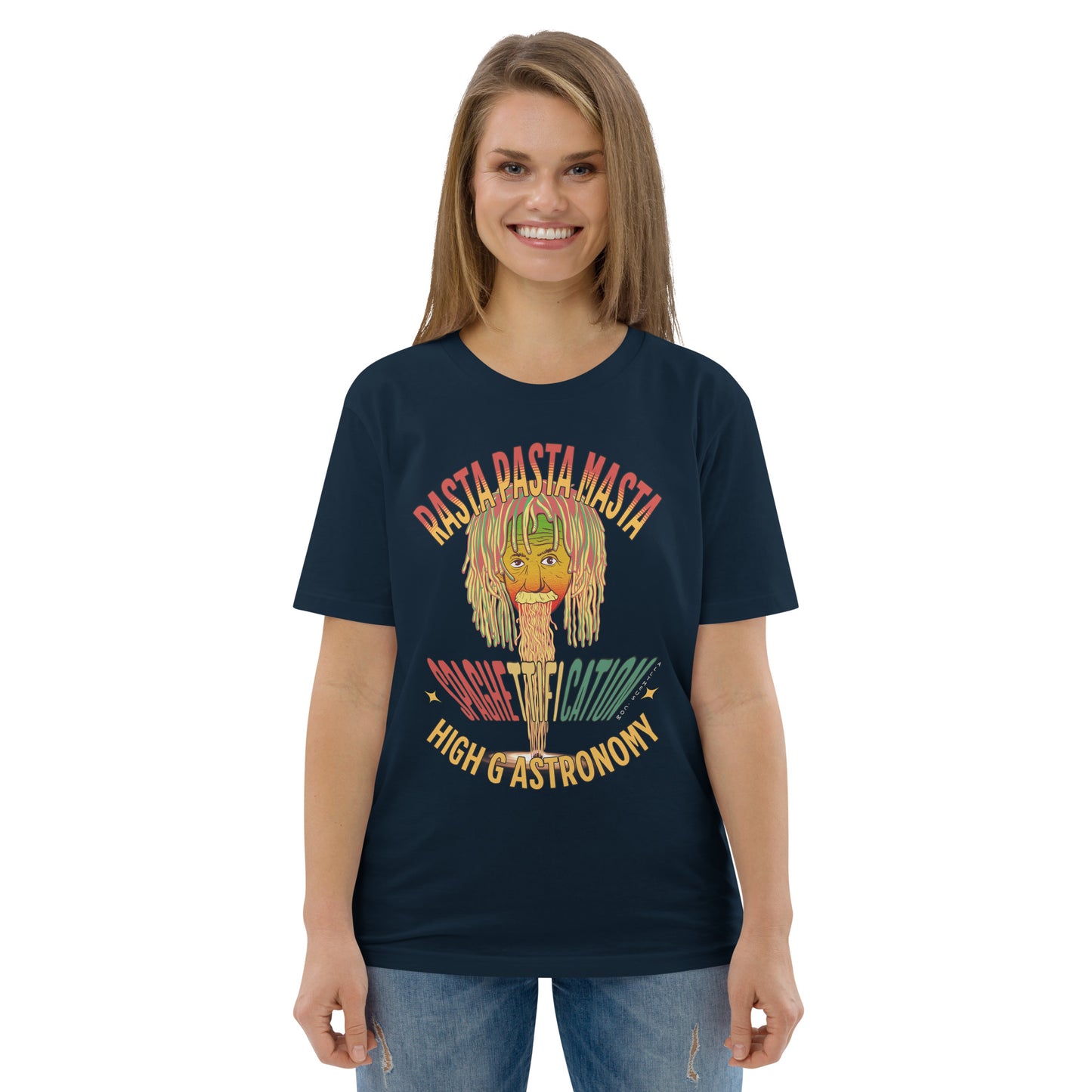 Unisex organic cotton t-shirt - Pastafarian Einstein Serves Up Hi G Astronomy