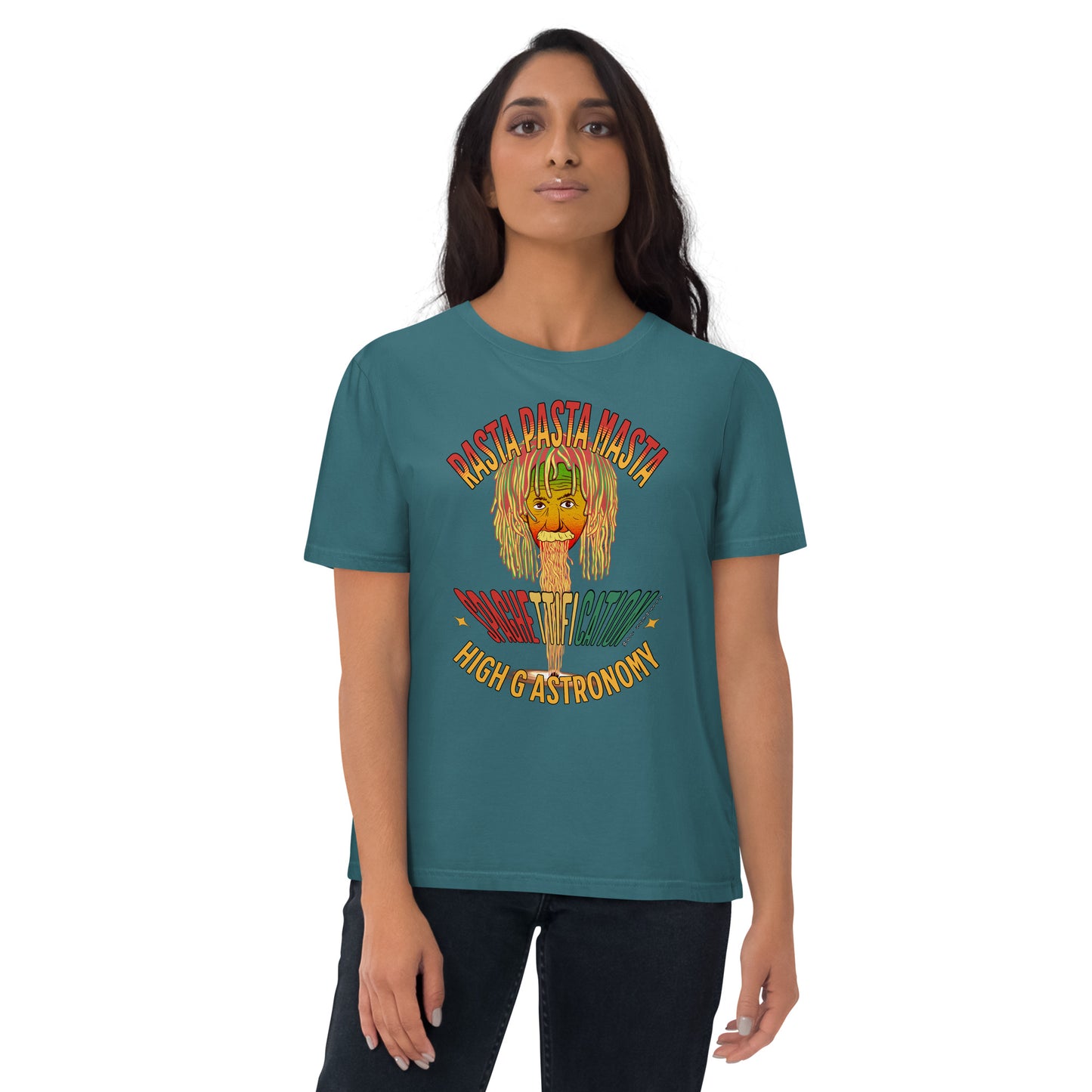 Unisex organic cotton t-shirt - Pastafarian Einstein Serves Up Hi G Astronomy