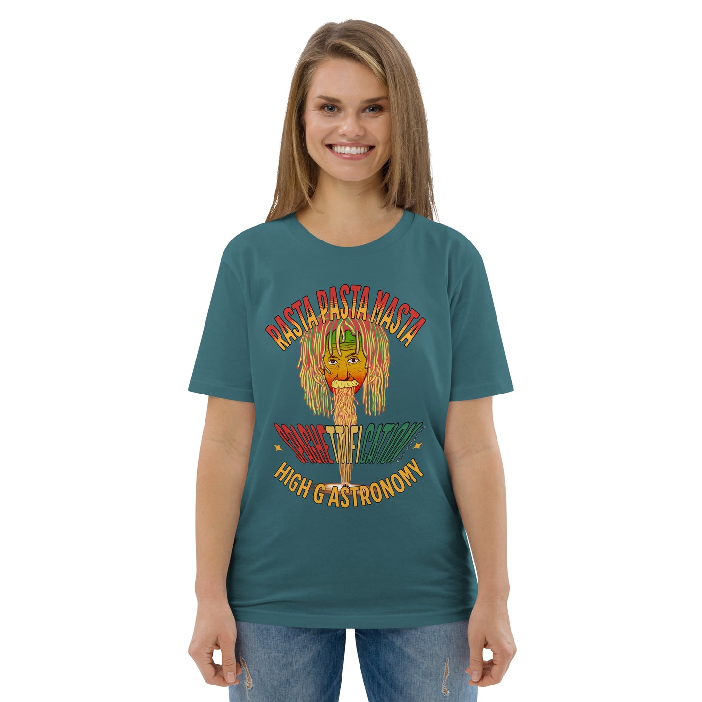 Unisex organic cotton t-shirt - Pastafarian Einstein Serves Up Hi G Astronomy